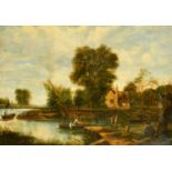 19th Century English School, A river landscape with a dwelling, figures in boats and cattle