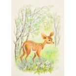 Ella Bruce (20th Century) A Fawn with Spring flowers, watercolour, signed in pencil, 10" x 7.25", (