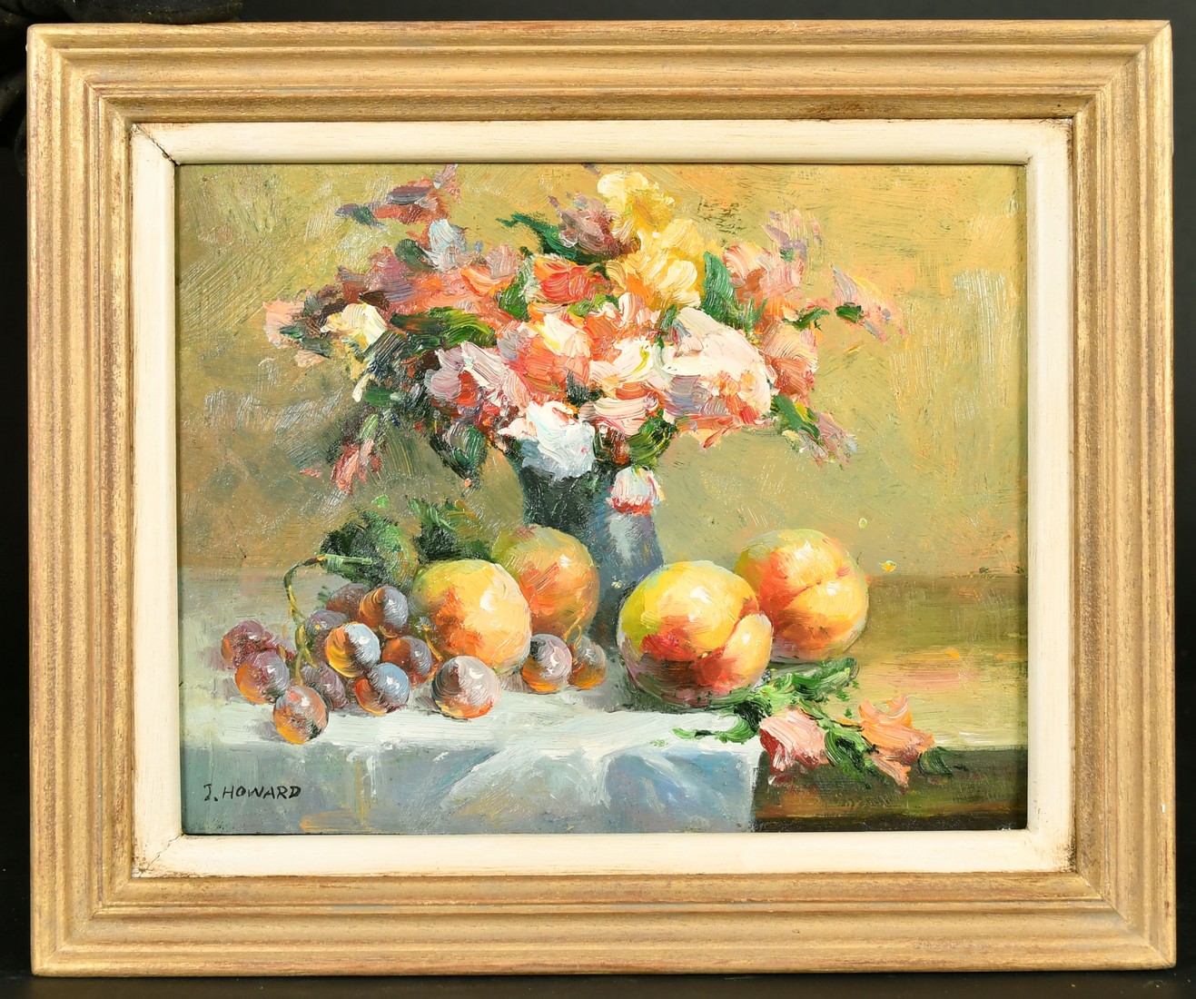 J. Howard (20th Century) A pair of still life paintings of mixed fruit and flowers in vases, oil - Image 2 of 6