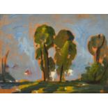 John Brown, (20th Century) Trees with a blue sky beyond, oil on board, signed with initials, 9" x