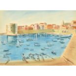 Mid-20th Century Continental School, a scene of boats in a harbour, watercolour, indistinctly signed