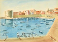 Mid-20th Century Continental School, a scene of boats in a harbour, watercolour, indistinctly signed