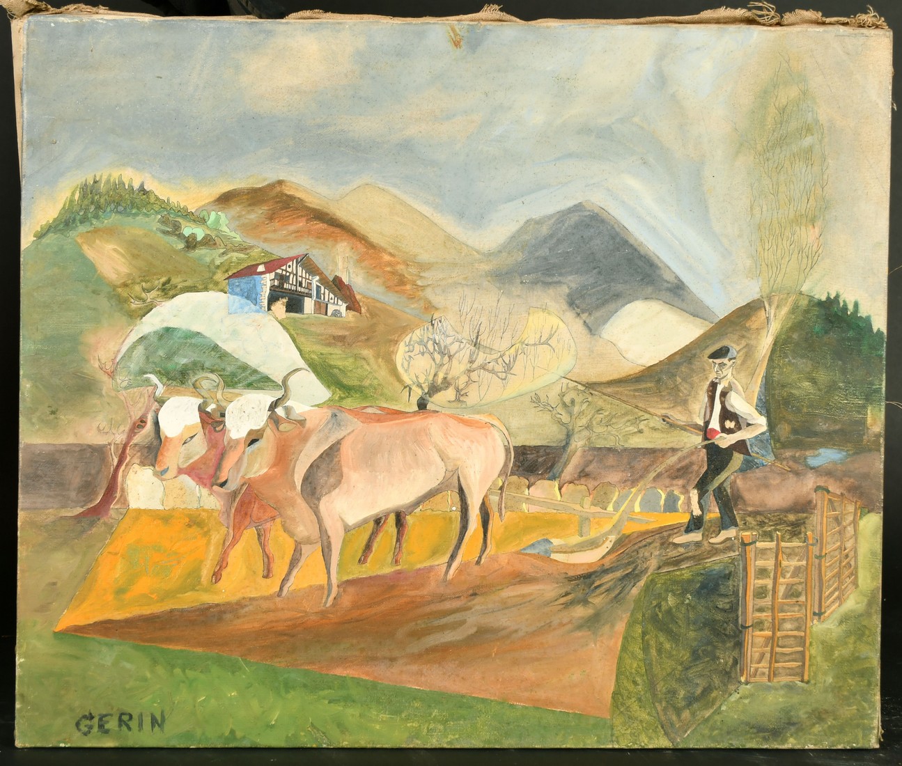 Gerin, 20th Century, A farmer and oxen ploughing a field in a stylised landscape, oil on canvas, 18" - Image 2 of 4