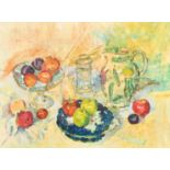 20th Century Colourist School, a still life of objects and fruit, oil on canvas, 18" x 24" (46 x