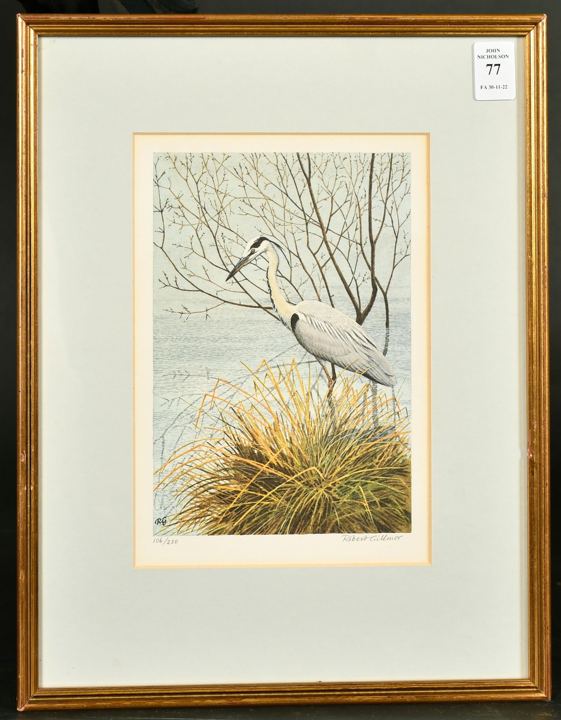 Robert Gillmor, Heron on a riverbank, colour print, numbered 106/200 and signed in pencil, 7.75" x - Image 2 of 4