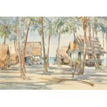 Mid-20th Century, Japanese/Southeast Asian, Beach scene with huts and Palm trees, watercolour,