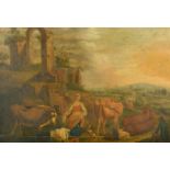 19th Century Continental School, female figures and livestock in an Arcadian landscape, oil on oak