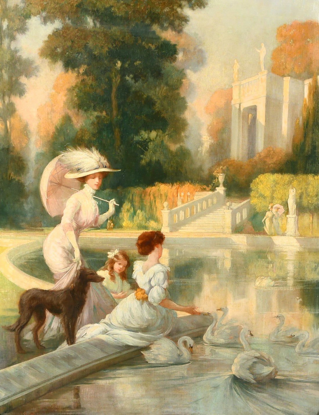 Jules Lentrein (1875-1943) Belgian, elegant female figures and swans in a formal garden, oil on