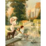 Jules Lentrein (1875-1943) Belgian, elegant female figures and swans in a formal garden, oil on
