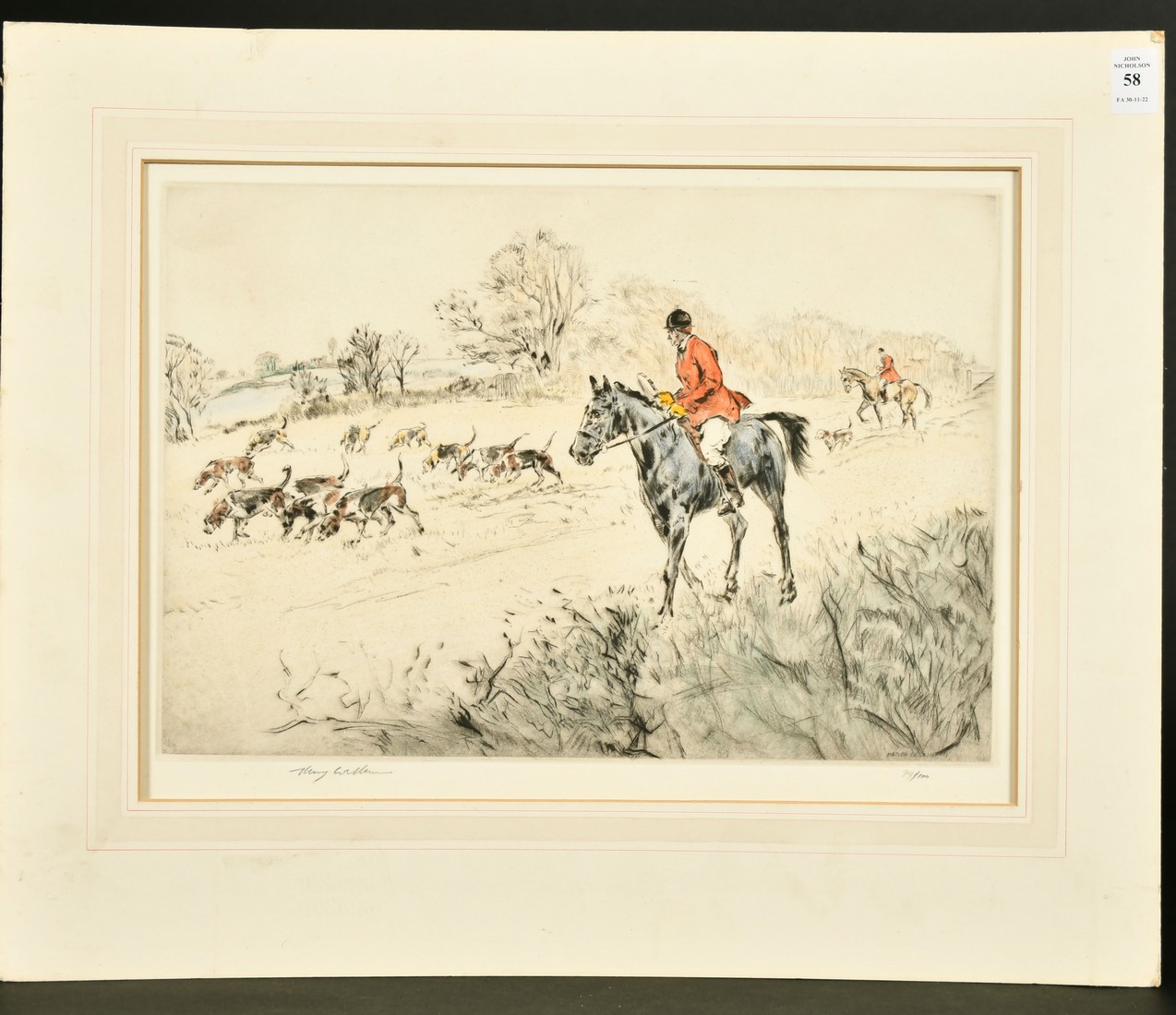 Henry Wilkinson (1921-2011) British, mounted huntsmen with their dogs, etching in colours, signed in - Image 2 of 3