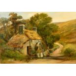 William Pitt (19th Century) A pretty thatched country cottage with flowers, women chatting and