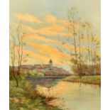 A. Cochin, French School, circa 1908, a riverbank view of a distant town at dusk, oil on canvas,