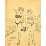 Walter Macdade, circa 1957, an ink drawing of two females in bikinis, signed and dated, 10.75" x