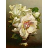 Irene Klestova (1909-1989), a still life of white roses with dew drops, oil on board, signed, 9" x