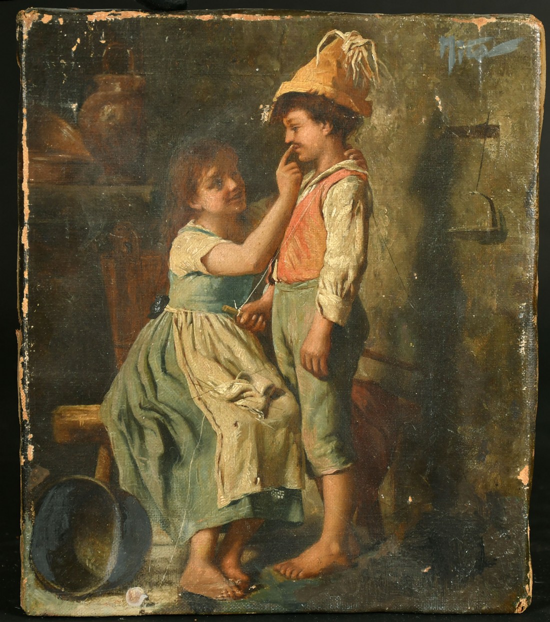 Mid-19th Century Italian School, two children playing in a cottage interior, oil on canvas, 9" x 7. - Image 2 of 3