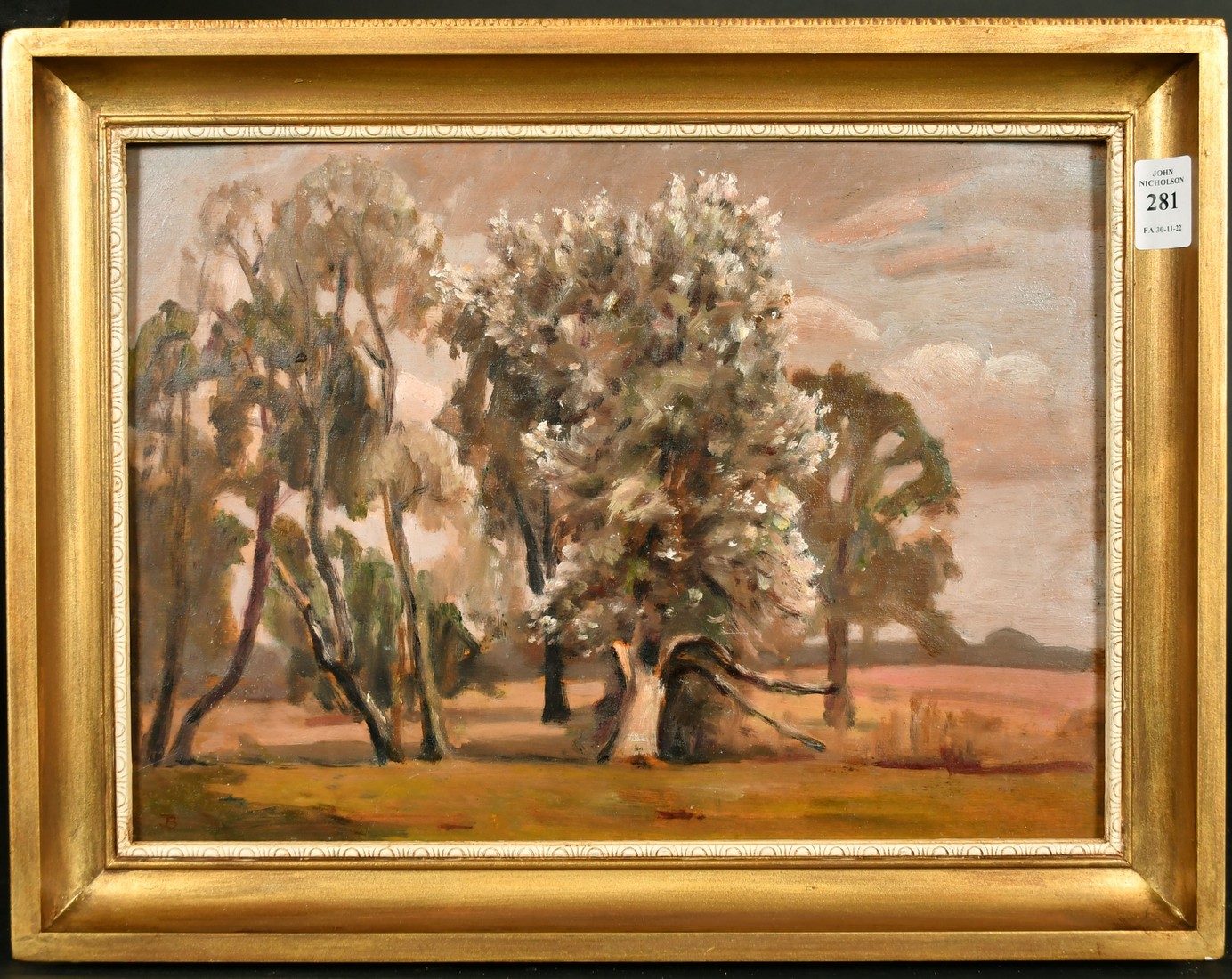 John Brown, (20th Century) Trees with blossom with a pink sky beyond, oil on board, signed with - Image 2 of 4