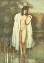 Jiang Song, 20th Century Chinese School, a study of a female nude standing in water, oil on