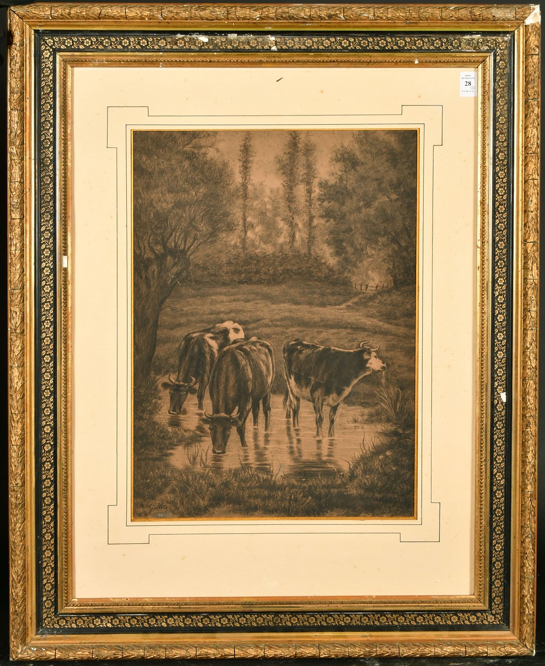 M. Galbois, French, circa 1899, a pair pf charcoal scenes, one of sheep the other of cattle, - Image 2 of 5