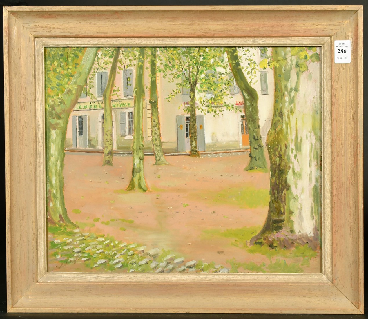 Robert Morson Hughes (20th Century) A view through the trees to the corner of the street, oil on - Image 2 of 4