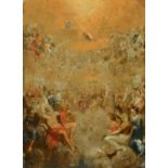 An old master painting of figures gathered beneath angels revealing themselves from the sky, also