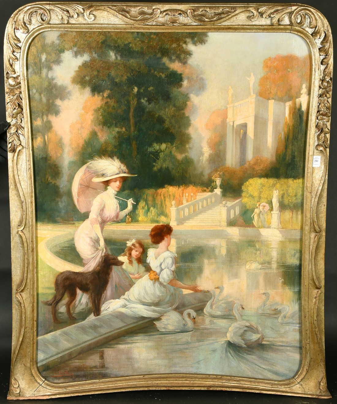 Jules Lentrein (1875-1943) Belgian, elegant female figures and swans in a formal garden, oil on - Image 2 of 4