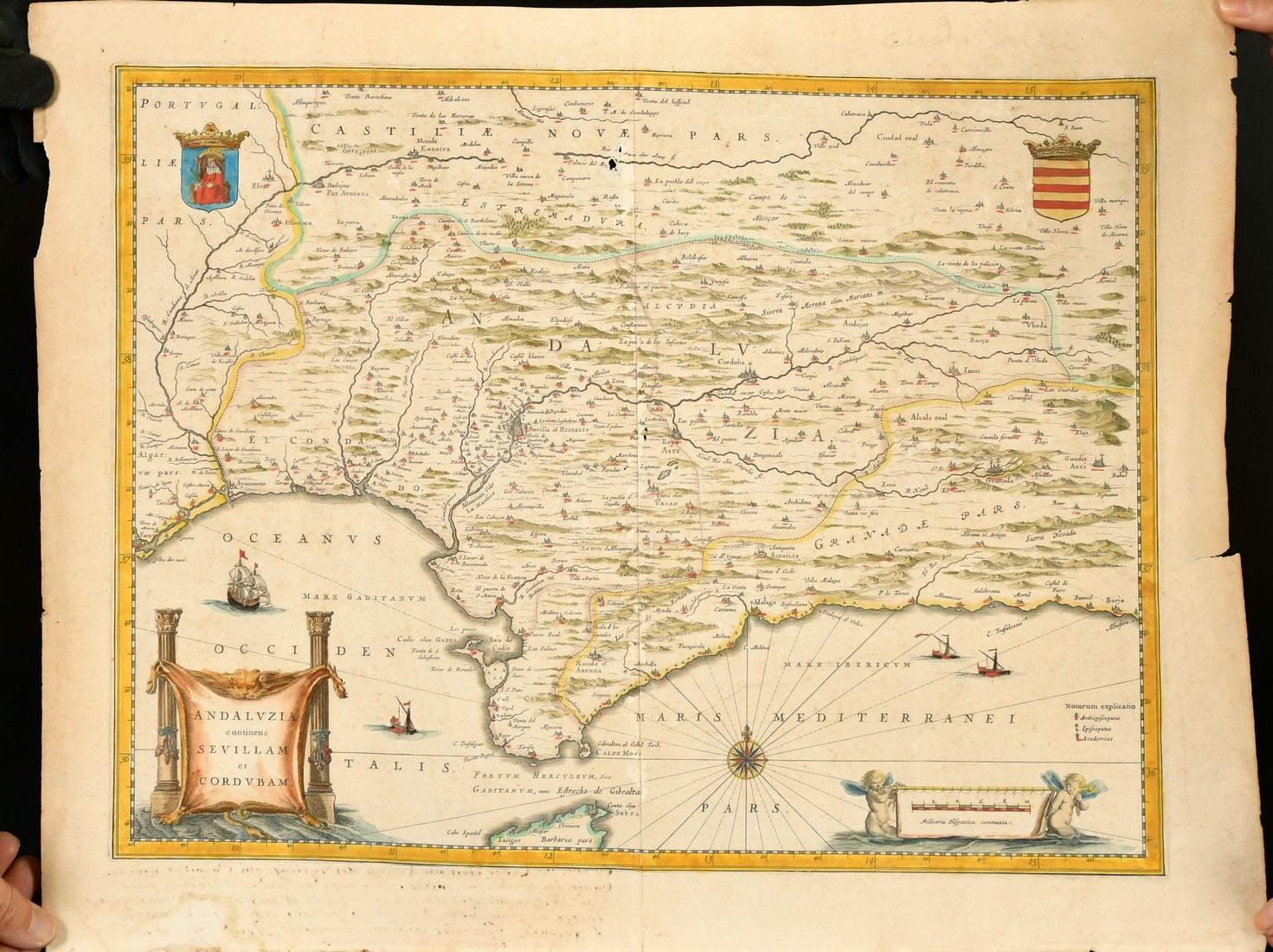 Willem Blaeu, Andaluzia Continens Sevillam et Cordubam, a 17th Century hand coloured map, 18" x - Image 2 of 5