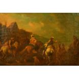 18th Century Continental School, figures on horses preparing for battle, oil on canvas, inscribed on