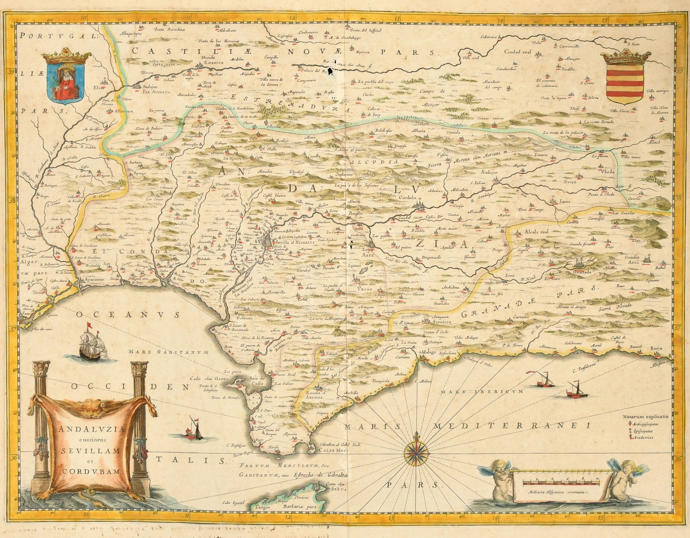 Willem Blaeu, Andaluzia Continens Sevillam et Cordubam, a 17th Century hand coloured map, 18" x
