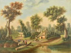 Pellitien, circa 1872, figures cutting logs by a lakeside cottage, oil on canvas, signed and