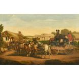 Circle of John Charles Maggs, changing horses on a stagecoach, oil on canvas, indistinctly dated,