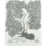 Ram Singh Urveti (b. 1970) Indian Gond Artist, a deer sat beneath a tree, ink on paper, signed,