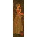 Karel Van Belle, A lady smelling a rose, oil, indistinctly signed, 12" x 4.25", (30x10.5cm) (a/f).