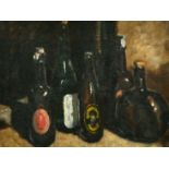 Mid-20th Century English School, a study of bottles, oil on board, 14" x 17.5" (36 x 44.5cm).