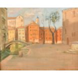Pietro Sansalvadore (1892-1955) Italian, Buildings by a canal, oil on canvas, 13.5" x 18" (34 x