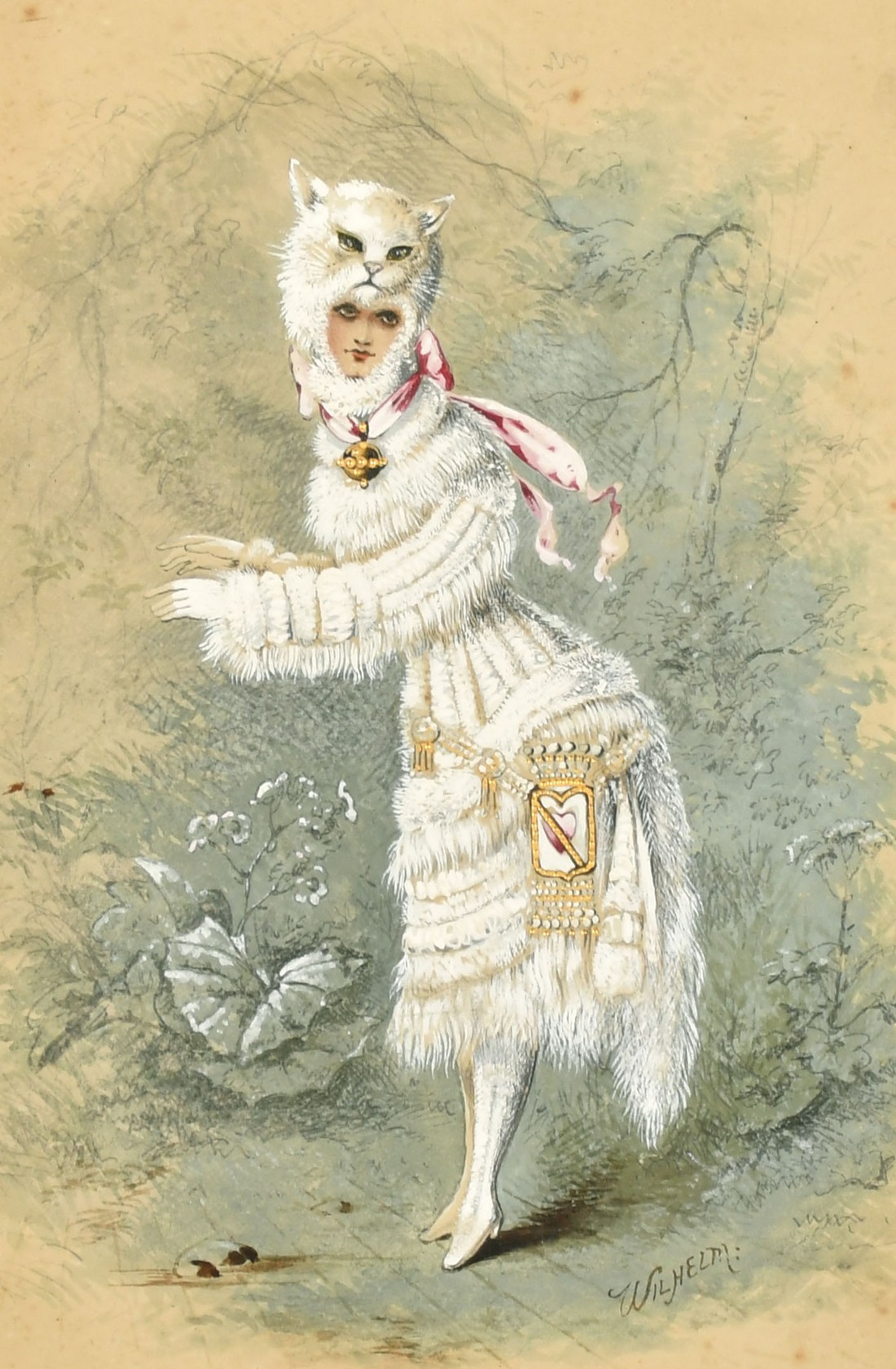 Continental School (19th Century) A lady wearing a cat costume standing in a landscape, gouache with