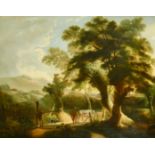 Circle of Charles Towne, a cattle drover crossing a bridge with mountains beyond, oil on canvas,