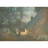 Gustave Den Duyts (1850-1897) Belgian, figures gathered around a fire, pastel, signed, 9" x 13" (