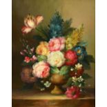 C. Lane, (20th Century) A pair of still life paintings of mixed flowers in vases on ledges, oil on