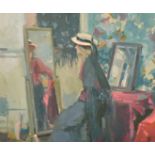 Tom Coates (b. 1941), a lady looking in the mirror, oil on board, signed with initials, 10.5" x 12.