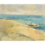 Russian School (first half 20th Century) Fishing boats tied up on a beach, oil on paper laid onto
