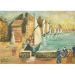Le Broussos, 20th Century French School, figures gathered in a port, oil on board, signed, 13" x 18"