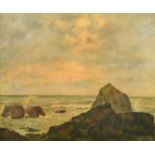 E. D'Argence, 20th century French School, waves breaking over rocks, oil on canvas, signed, 18" x