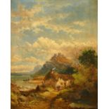 Joseph Horlor (1809-1887) British, female figure leaving a cottage by the coast, oil on canvas,