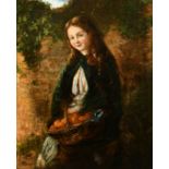 19th Century English School, a young girl selling oranges, oil on canvas, indistinctly signed and