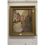 Continental school, a figure on a path with buildings and trees, oil on canvas, signed.