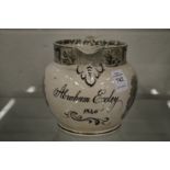 A commemorative Staffordshire jug for Abraham Exley 1846.