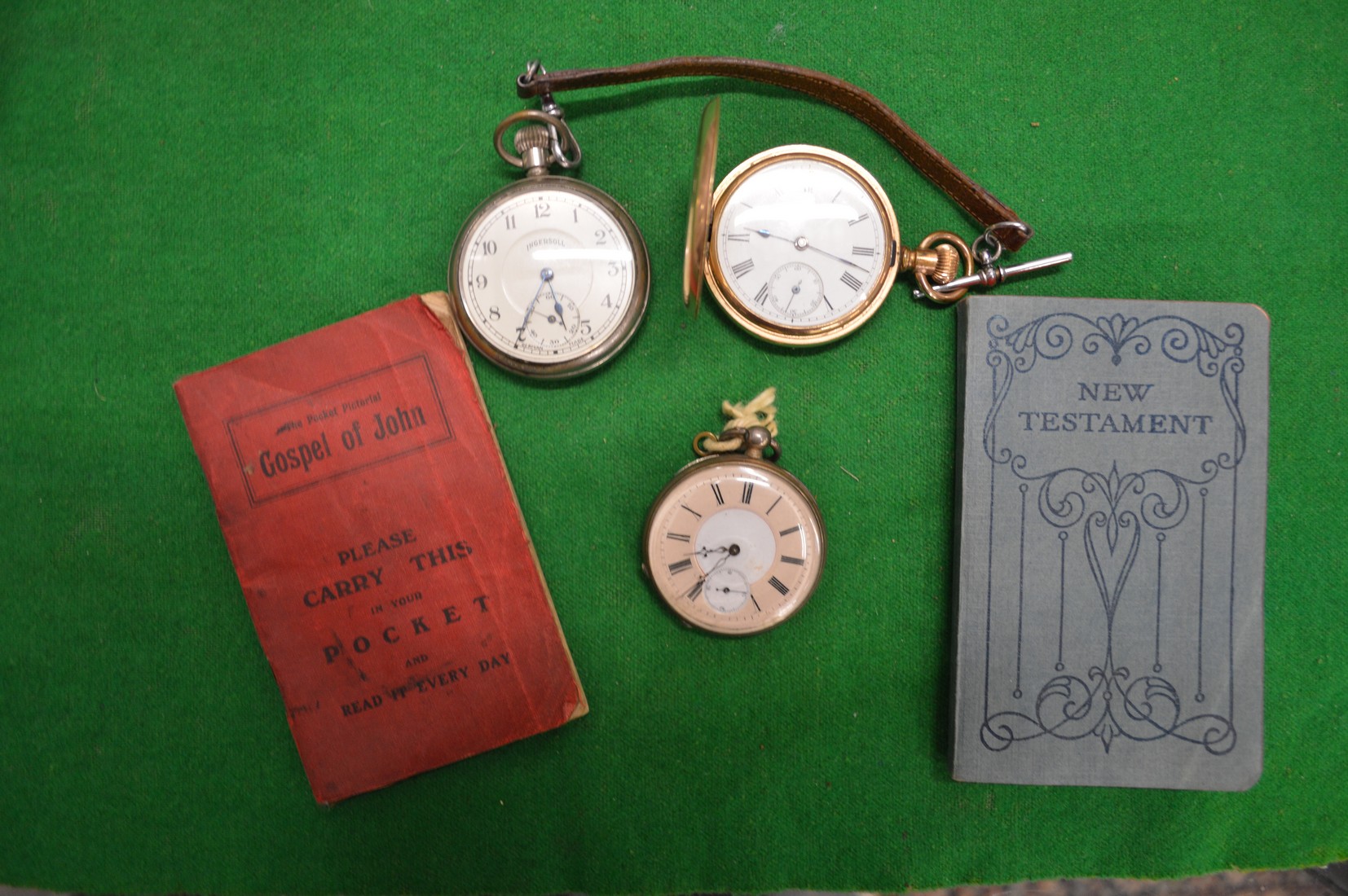 A gold plated hunter pocket watch and two others etc.