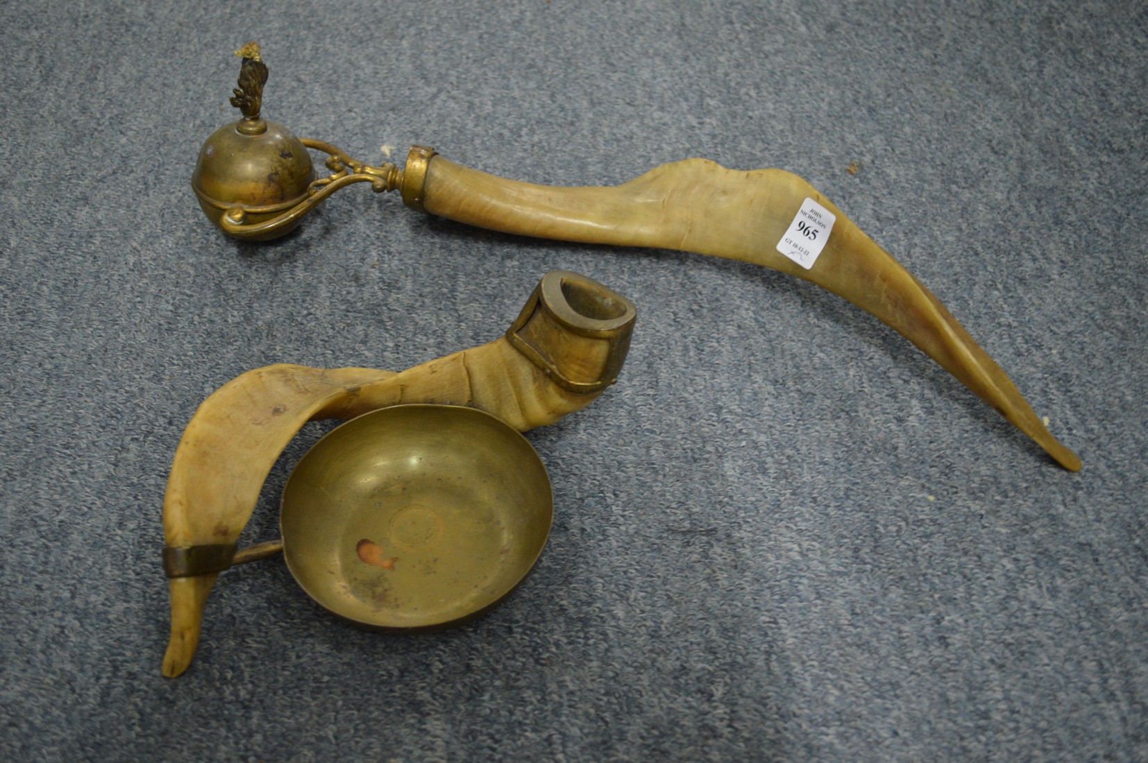 A horn mounted ormolu table lighter with matching ashtray.