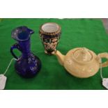A miniature teapot, Crown Derby vase and a glass ewer.