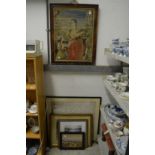 A woolwork tapestry picture, a framed indenture and three pictures.